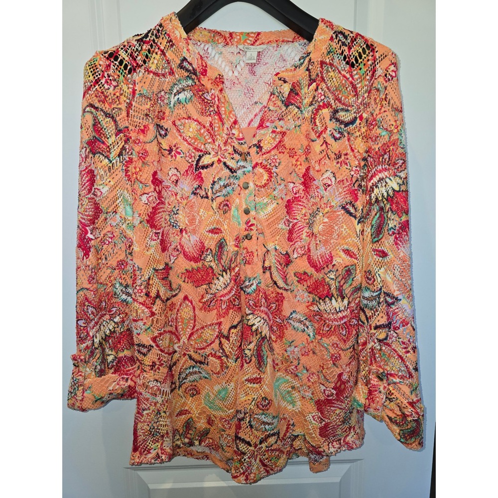 Cato Women Orange Floral Paisley Lace Henley Blouse Roll Tab 3/4 Sleeve Large - Picture 2 of 6